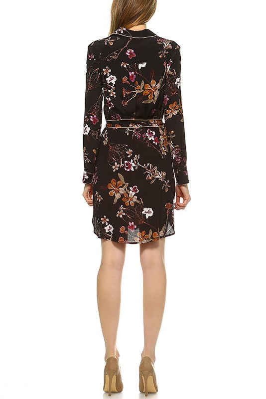 Elegant Floral Print Black Shirt Dress