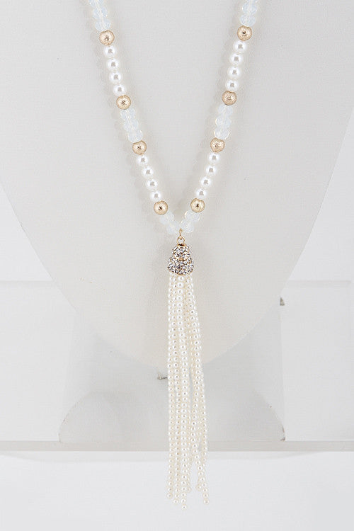 Long Fashion White Beaded Necklace with Tassel