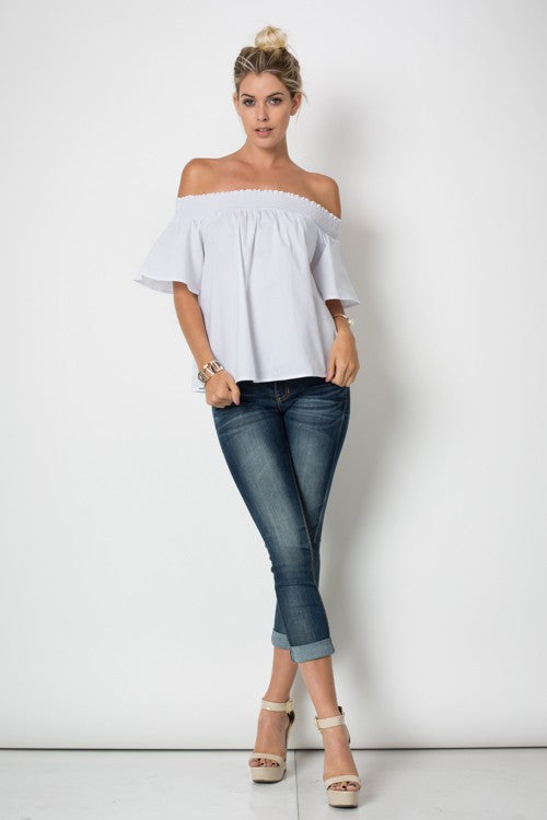 Resort Off The Shoulder White Elastic Band Top