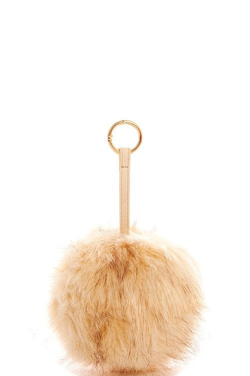 Large Beige Pompom Gold Key Chain