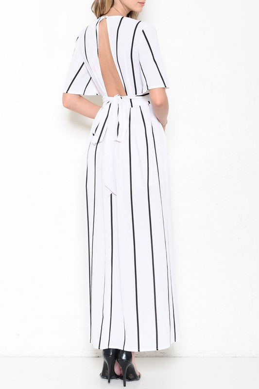 Elegant Black Stripe Open Back White Maxi Romper