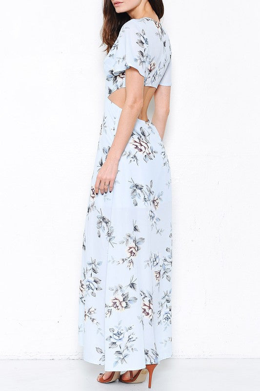 Elegant Light Blue Floral Cutout Maxi Dress