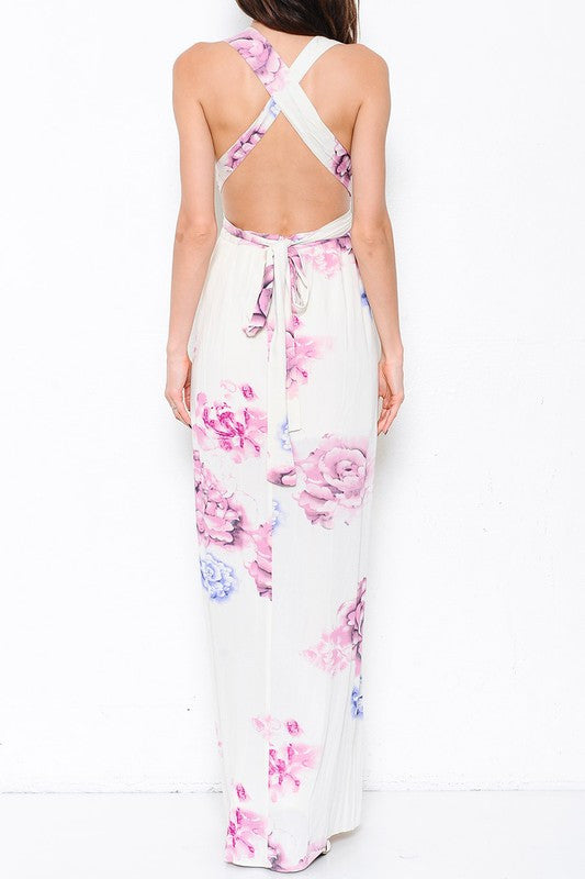 Elegant Multi-Color Print Tie-Up Maxi Dress