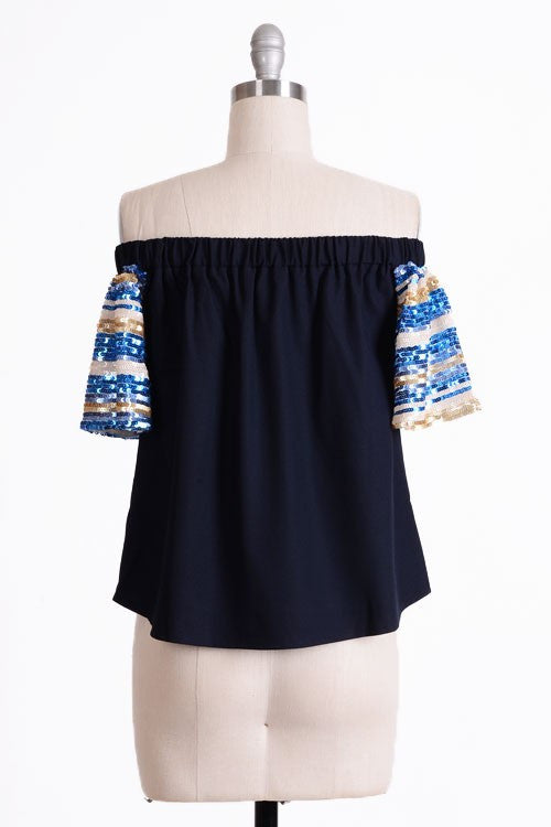 Fashion Off Shoulder Blue Sequence Top