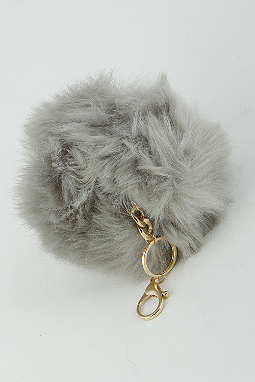Grey Mink Pom Pom Gold Key Chain