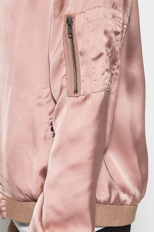 Elegant Peach Satin Bomber Jacket