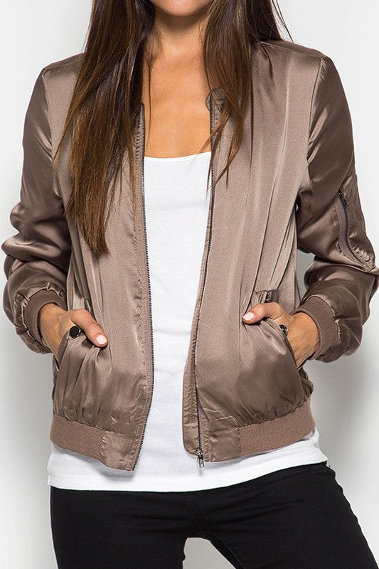 Elegant Mocha Satin Bomber Jacket