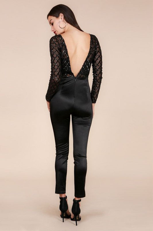 Elegant Black Sequence Open Back Jumpsuit