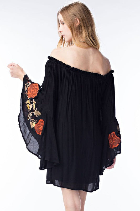 Fashion Embroidery Bell Sleeve Off Shoulder Black Dress