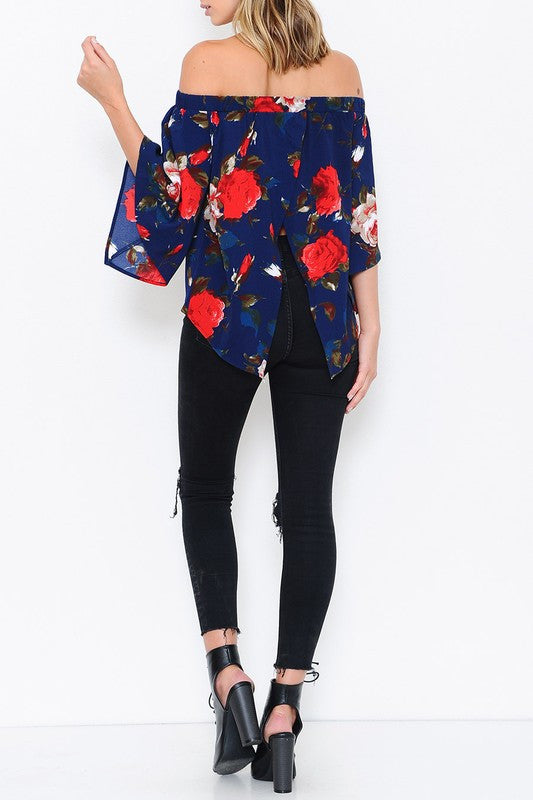 Elegant Blue Floral Off Shoulder Open Back Top