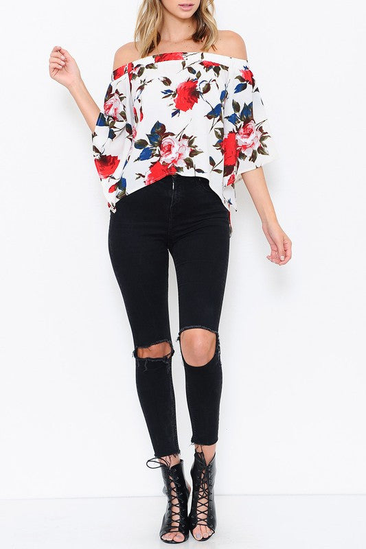 Elegant Ivory Floral Off Shoulder Open Back Top