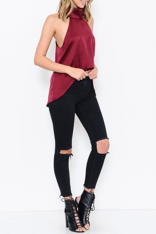 Elegant Wine Turtleneck Sleeveless Top