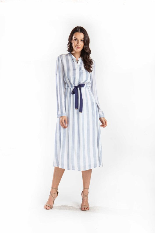 Elegant Blue Striped White Shirt Dress