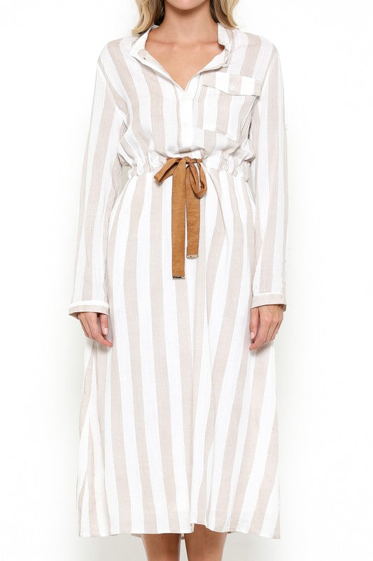 Elegant Beige Striped White Shirt Dress – EDITE MODE