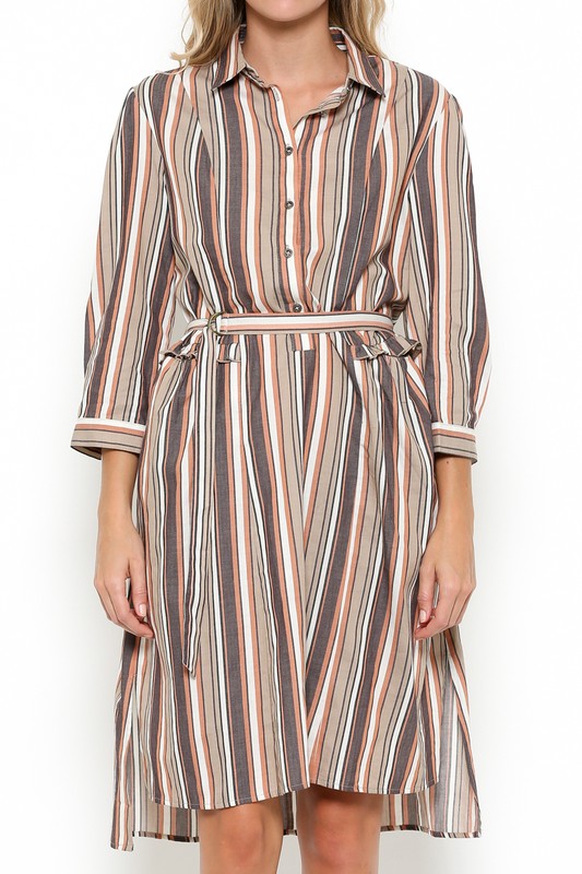 Elegant Multi-Color Striped Beige Shirt Dress