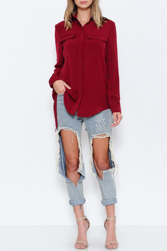 Fashion Burgundy Back Split Blouse