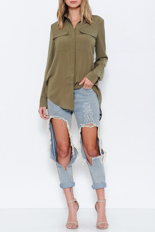 Fashion Olive Back Split Blouse