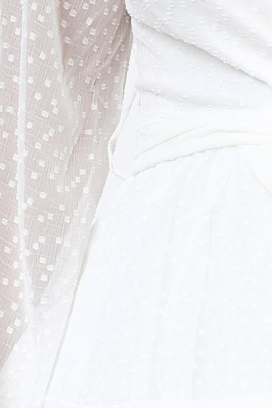 Fashion White Texture Detailed Ruffle Tie-Up Dress with Long Sleeve