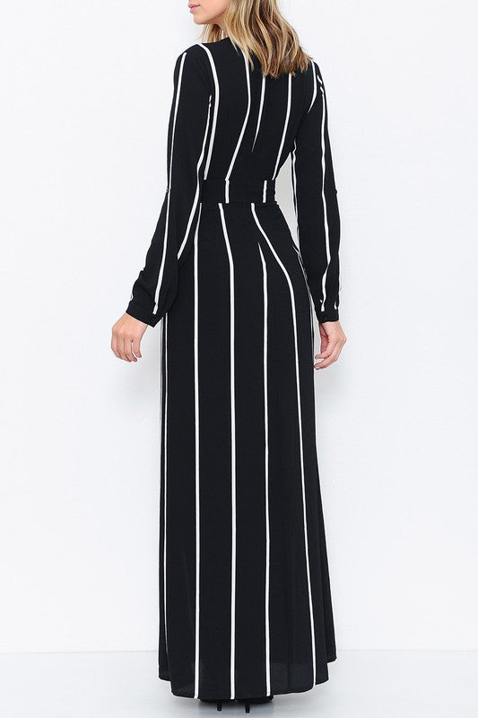 Elegant Black Stripe Maxi Romper with Long Sleeve