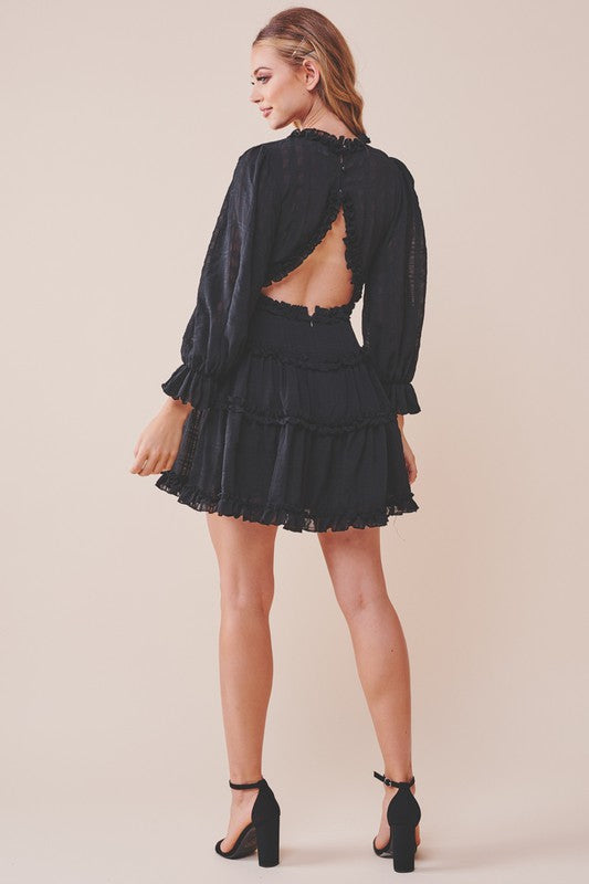 Fashion Black Detailed Print V-Neck Ruffle Dress