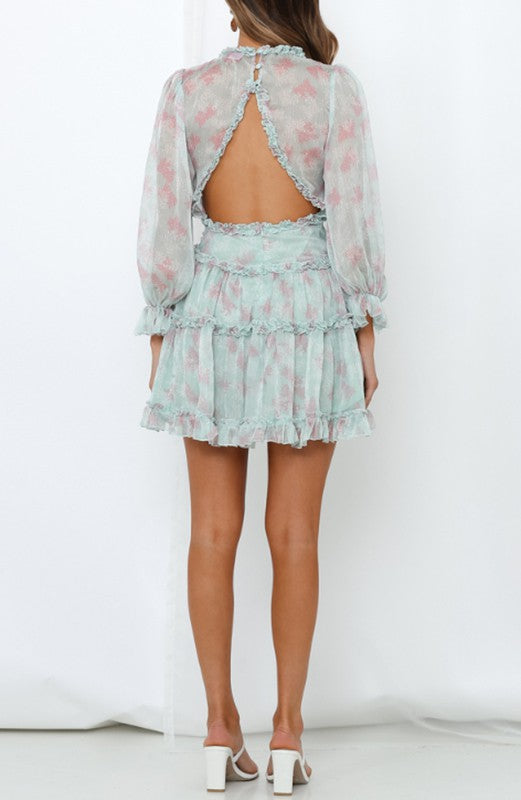 Fashion Mint Multi-Color Leaf Print V-Neck Ruffle Dress