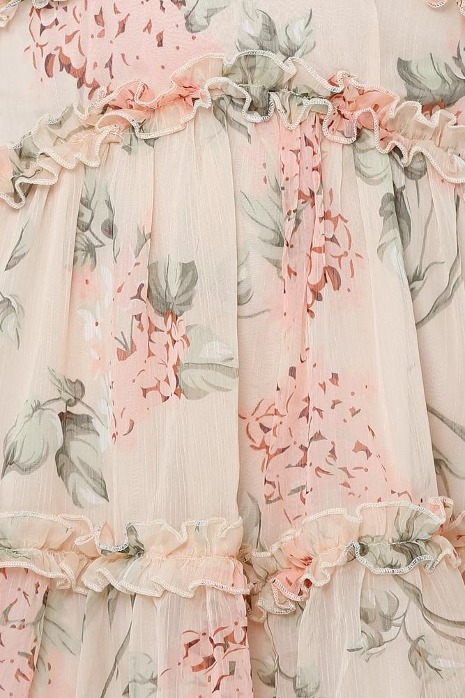 Fashion Strap Ruffle Light Nude Multi-Color Floral Print V-Neck Summer Dress