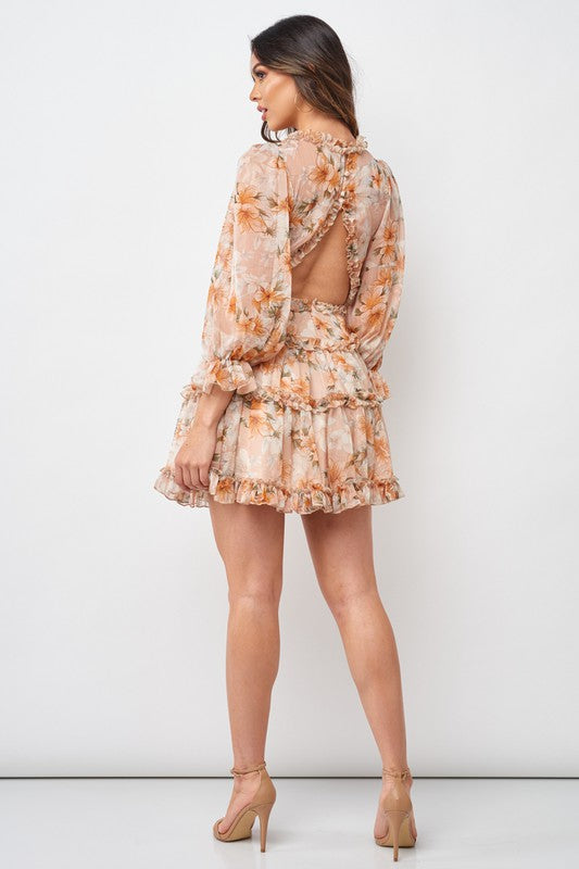 Elegant Nude Multi-Color Floral Print V-Neck Ruffle Dress