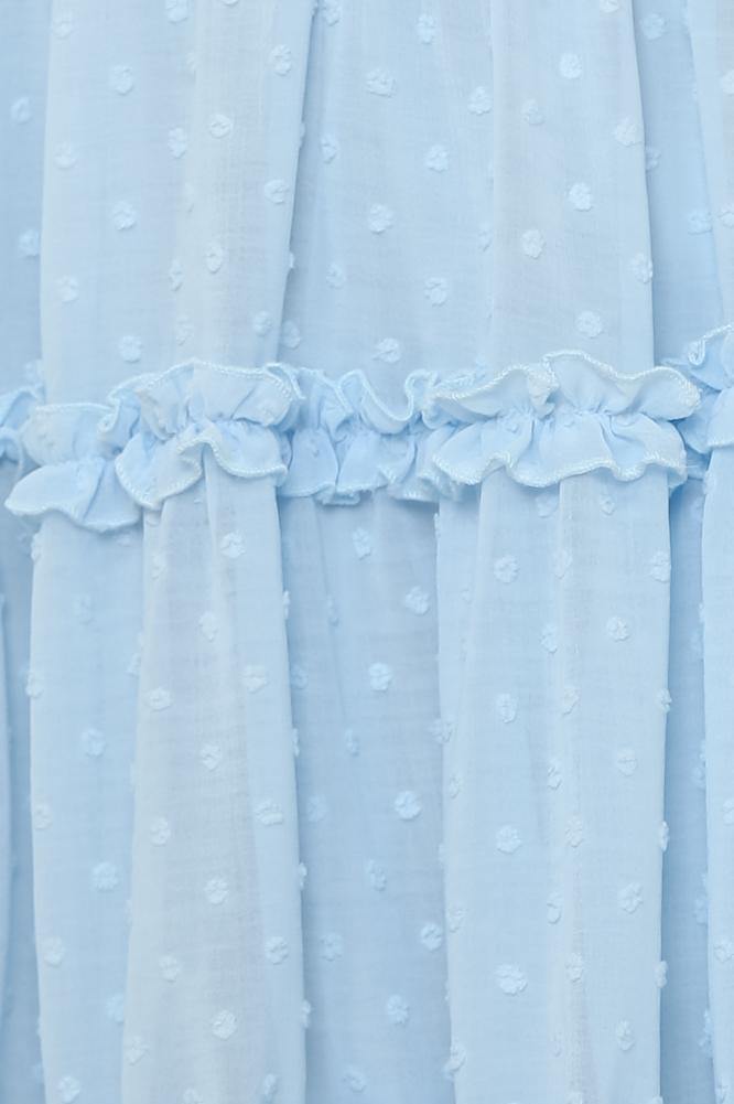 Fashion Strap Ruffle Blue Detailed Textured V-Neck Summer Dress