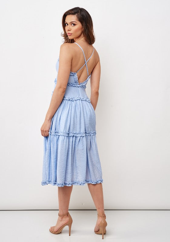 Fashion Strap Steel Blue V-Neck Ruffle Summer Dress