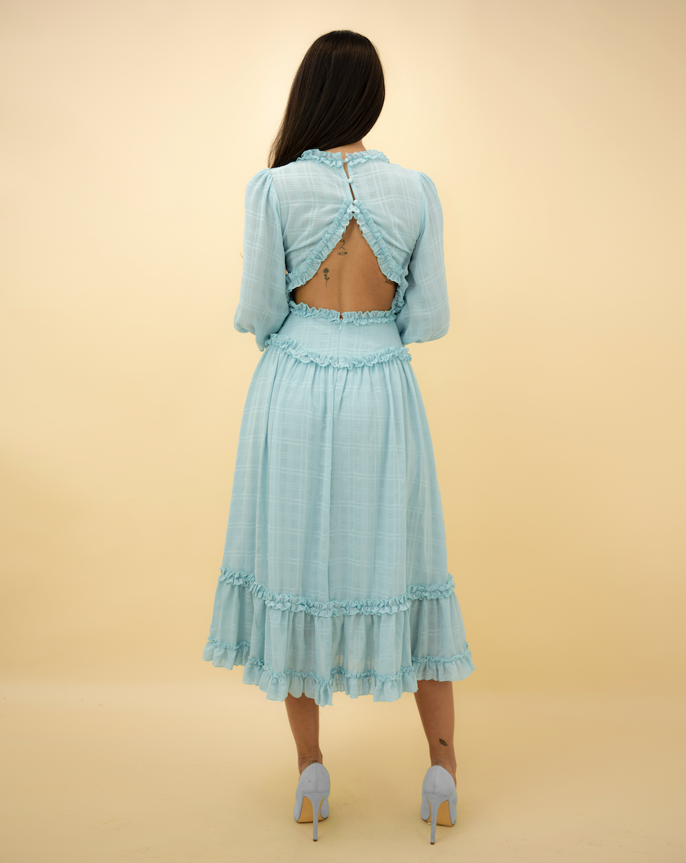 Fashion Light Blue Detailed Print V-Neck Ruffle Maxi Dress