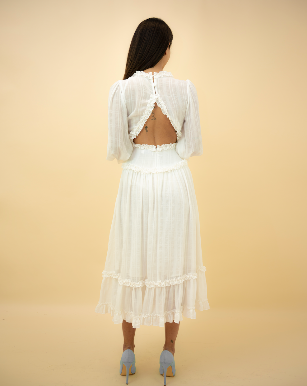 Fashion White Detailed Print V-Neck Ruffle Maxi Dress