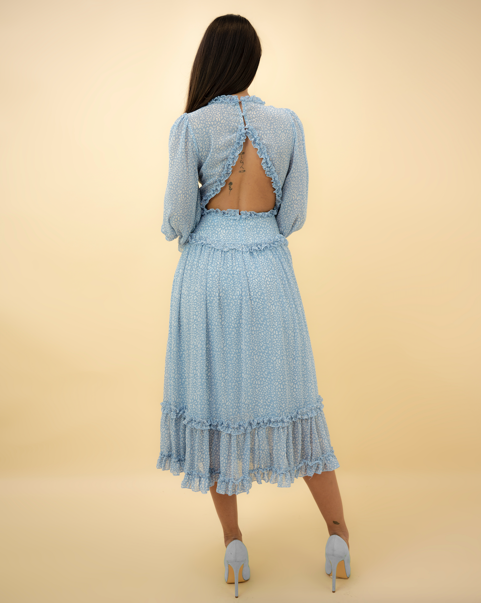 Fashion Blue Floral Print V-Neck Ruffle Maxi Dress