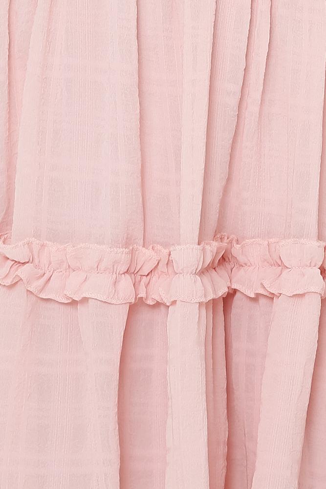 Fashion Light Pink Detailed Print V-Neck Ruffle Dress