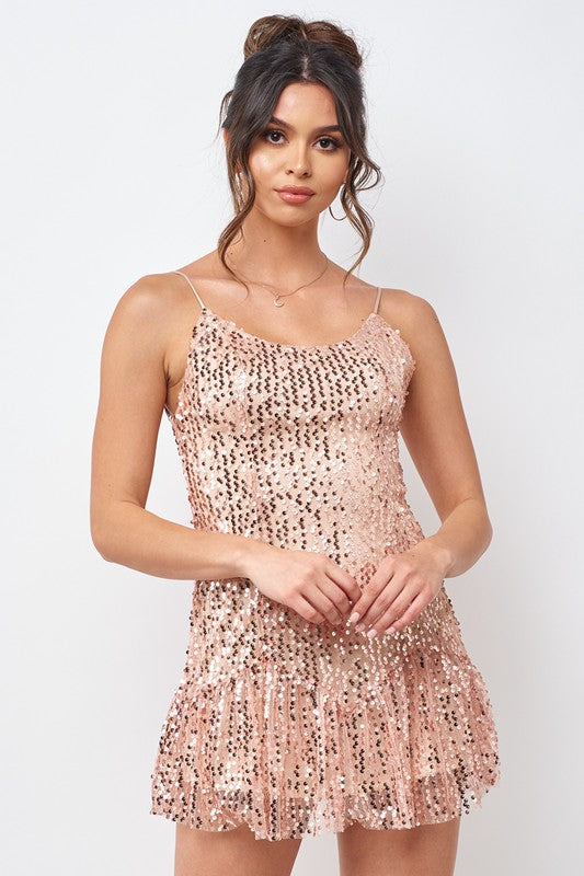Fashion Strap Rose Gold Sequence Ruffle Dress EDITE MODE Fashion Strap Rose Gold Sequence Ruffle Dress EDITE MODE