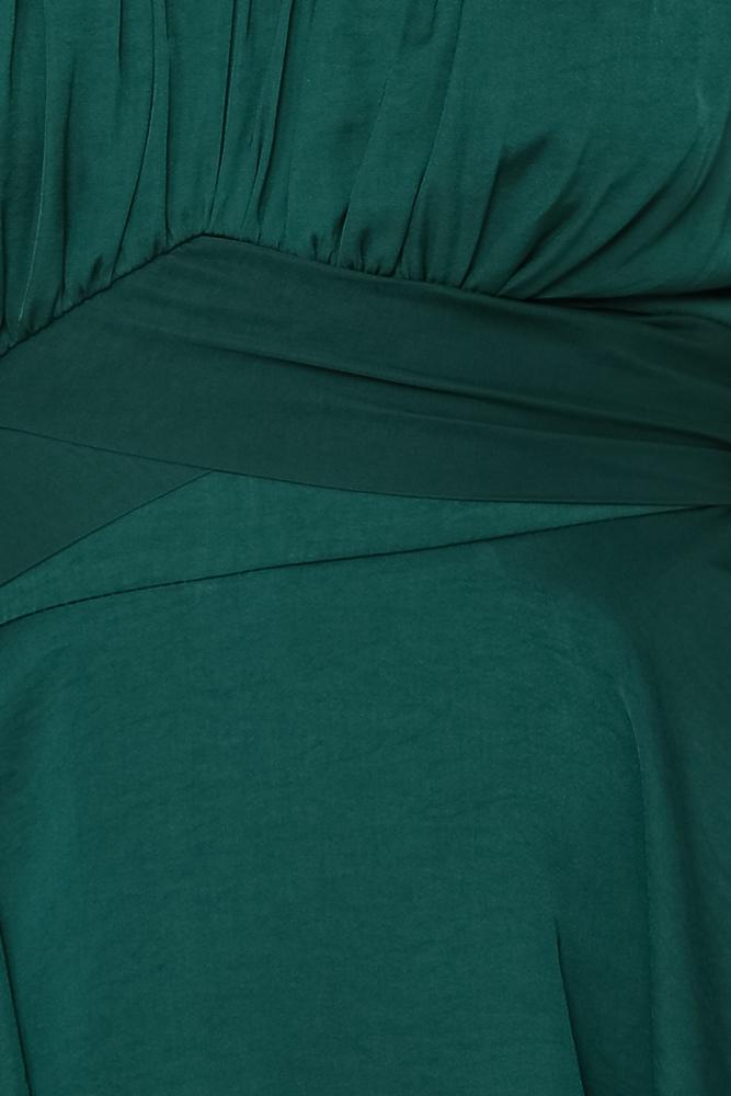 Elegant Off Shoulder Forest Green Satin Tie-Up Ruffle Romper
