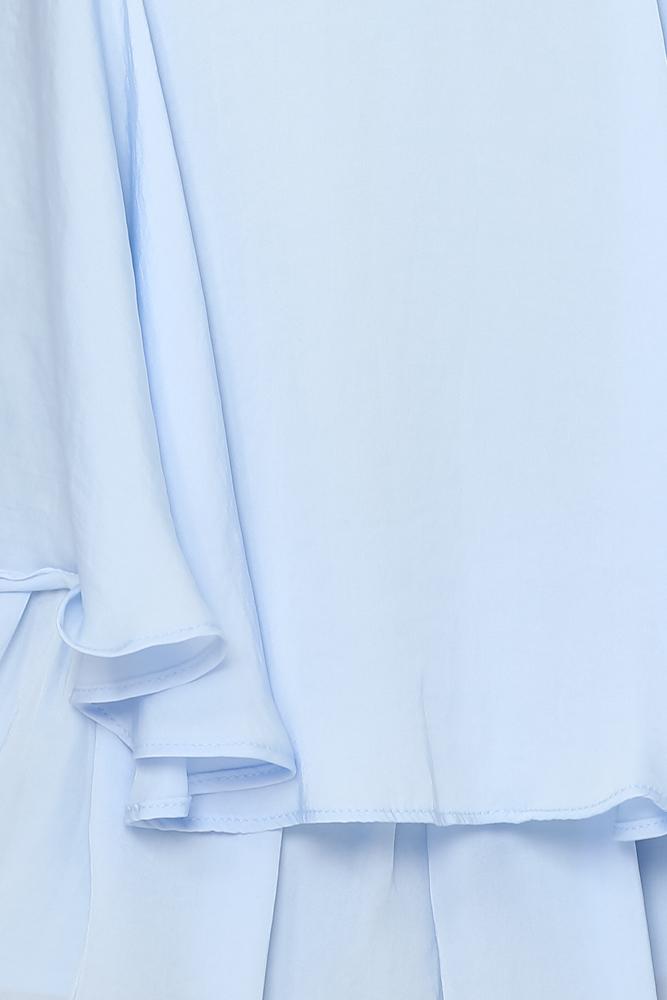 Elegant Off Shoulder Steel Blue Tie-Up Ruffle Romper