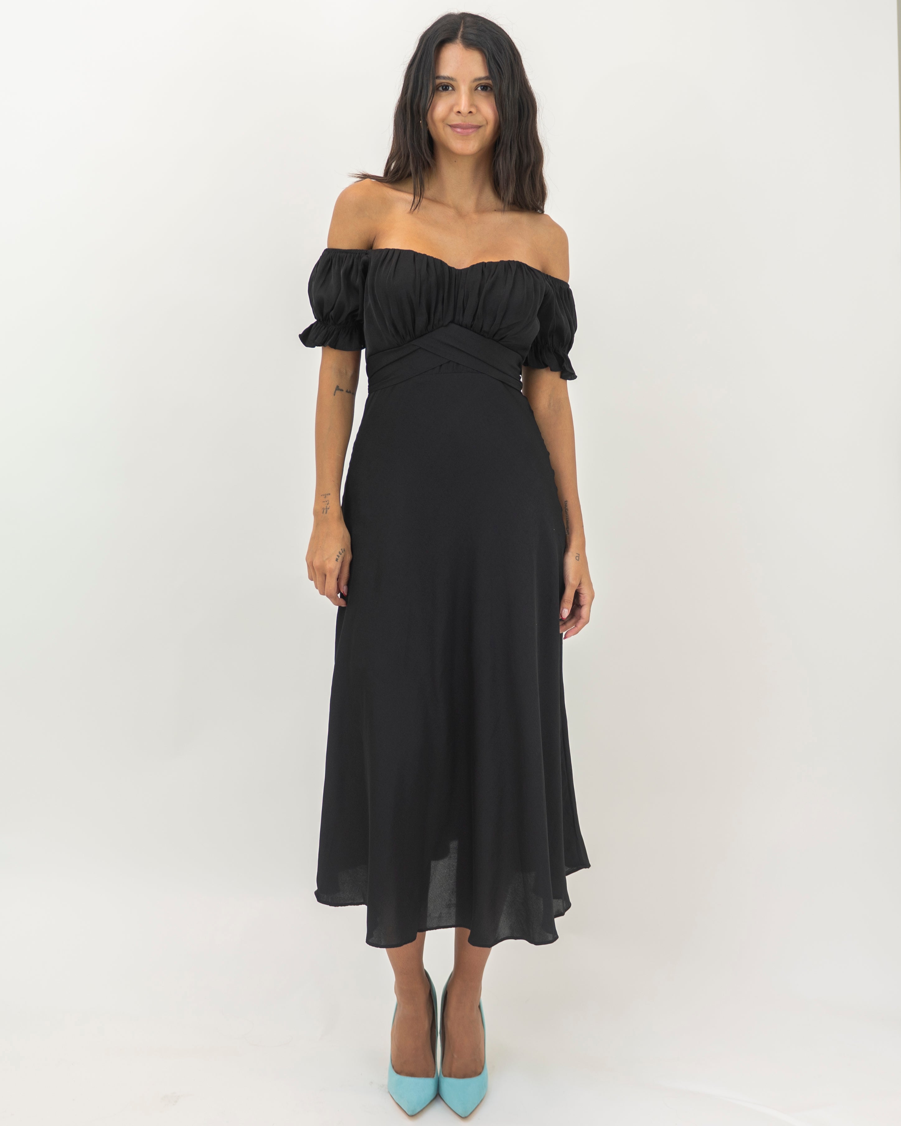 Elegant Off Shoulder Black Satin Tie-Up Ruffle Maxi Dress EDITE MODE Elegant Off Shoulder Black Satin Tie-Up Ruffle Maxi Dress EDITE MODE