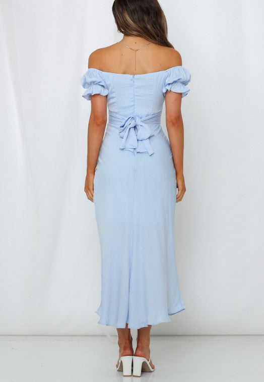 Elegant Off Shoulder Steel Blue Tie-Up Ruffle Maxi Dress