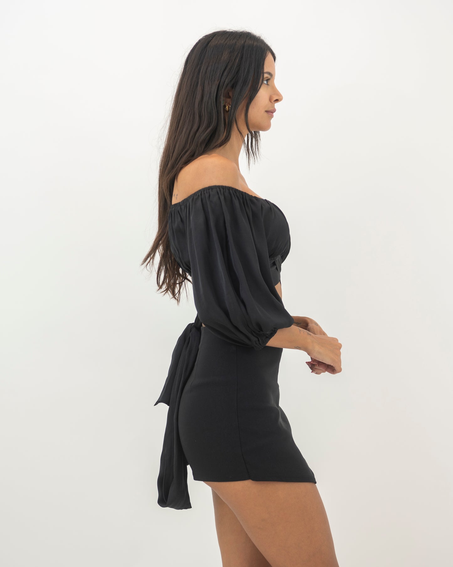 Elegant Off Shoulder Black Satin Tie-Up Ruffle Crop Top with Bell Sleeve