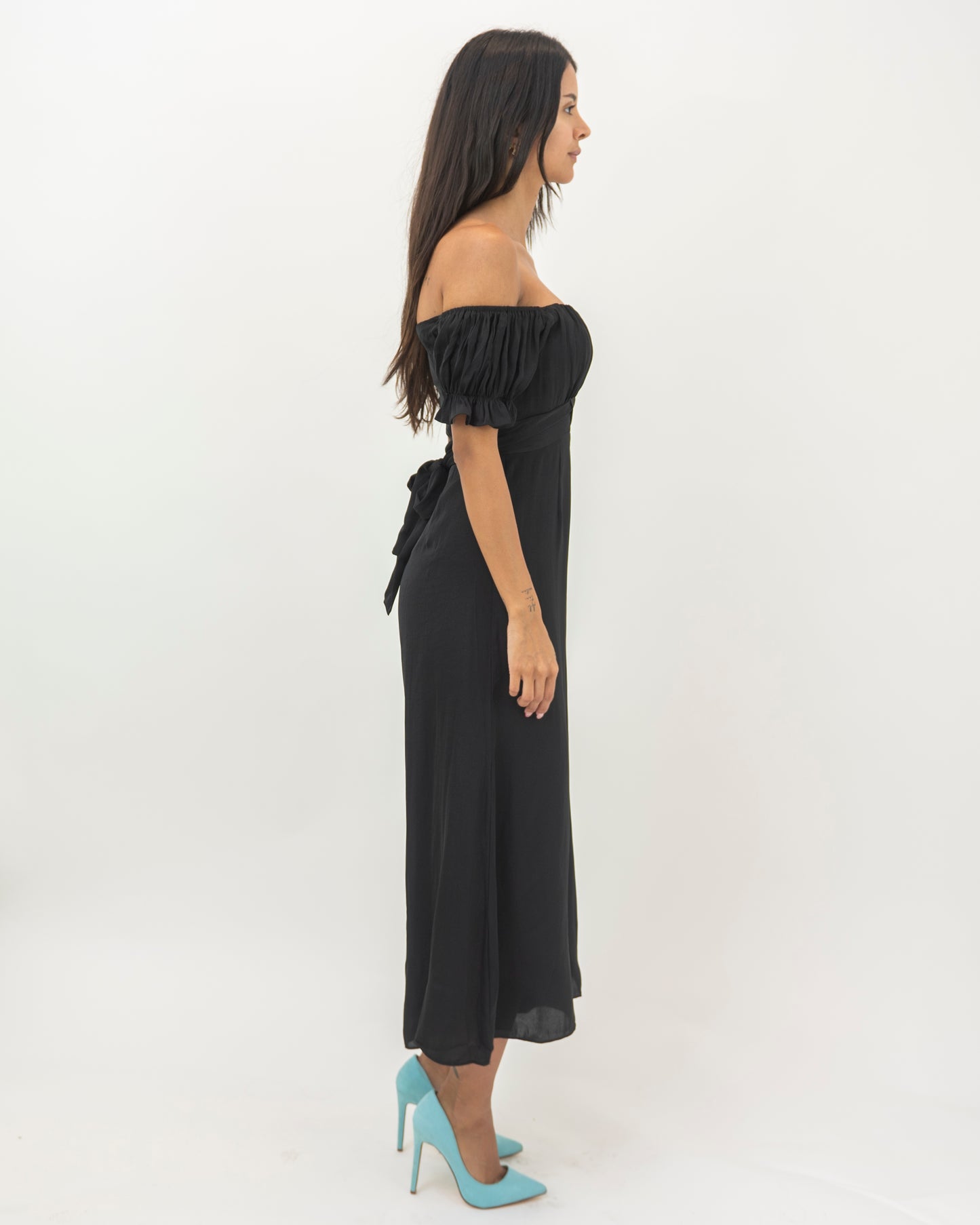 Elegant Off Shoulder Black Satin Tie-Up Ruffle Jumpsuit
