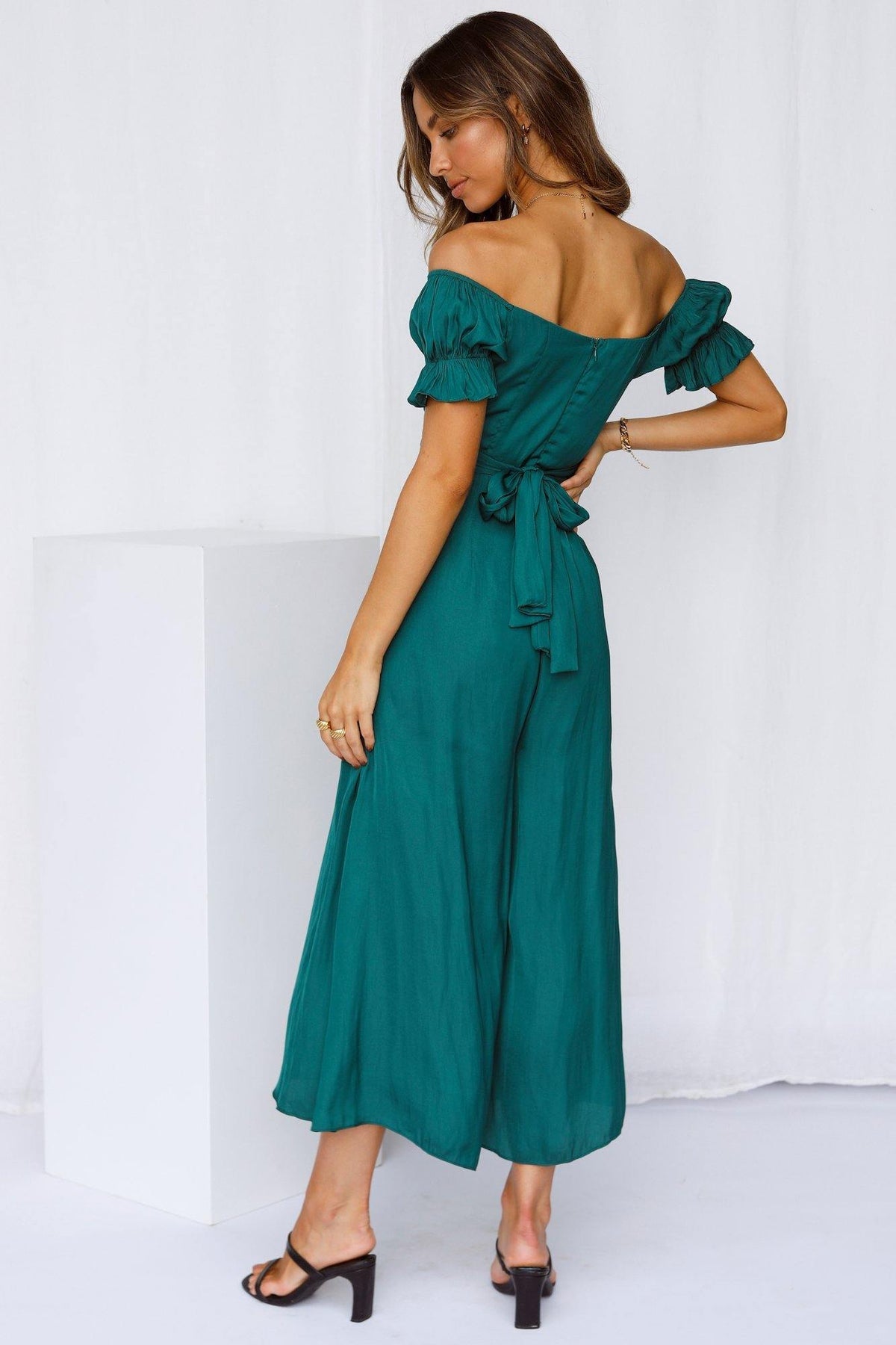 Elegant Off Shoulder Forest Green Satin Tie-Up Ruffle Jumpsuit