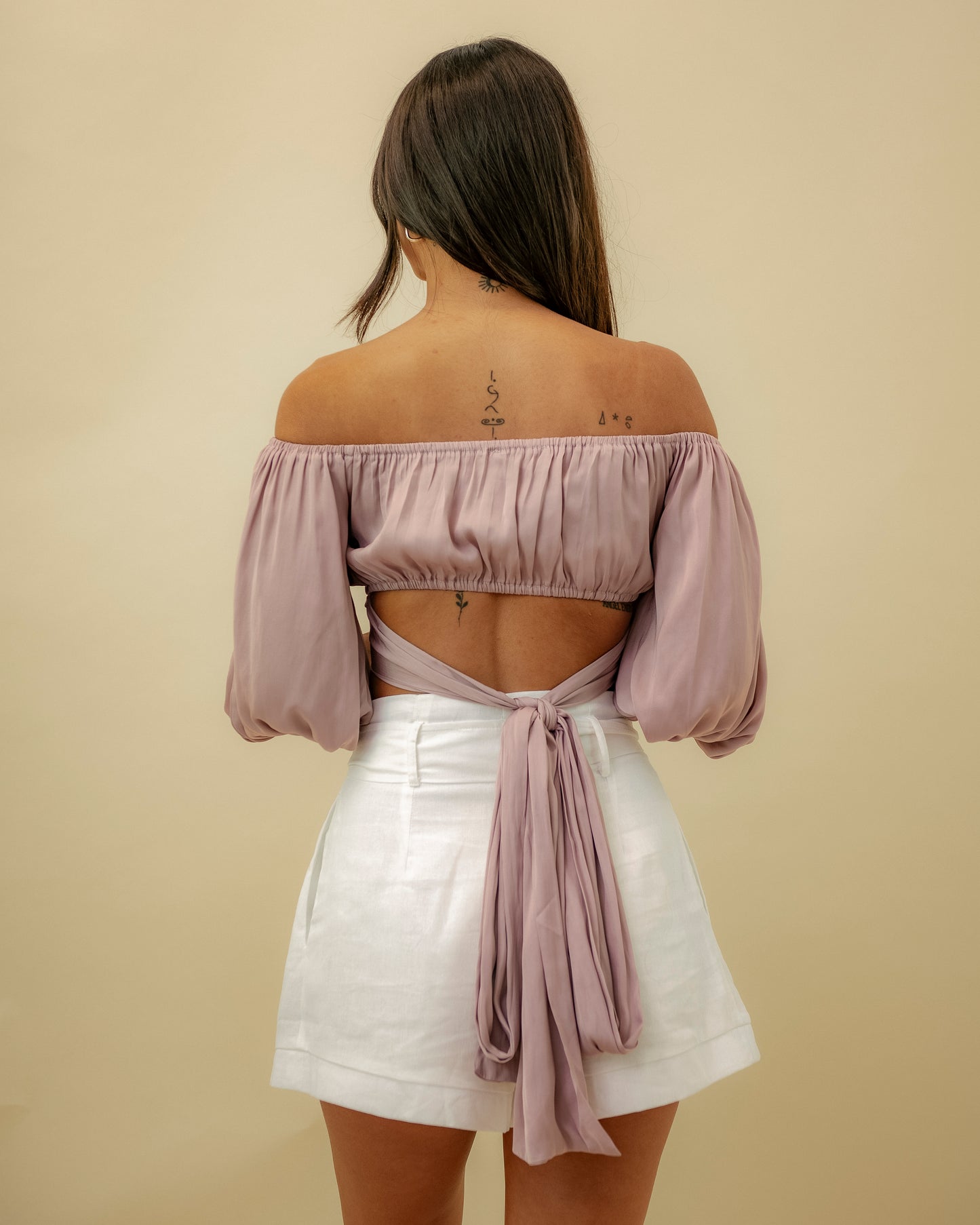 Elegant Off Shoulder Mocha Satin Tie-Up Ruffle Crop Top with Bell Sleeve