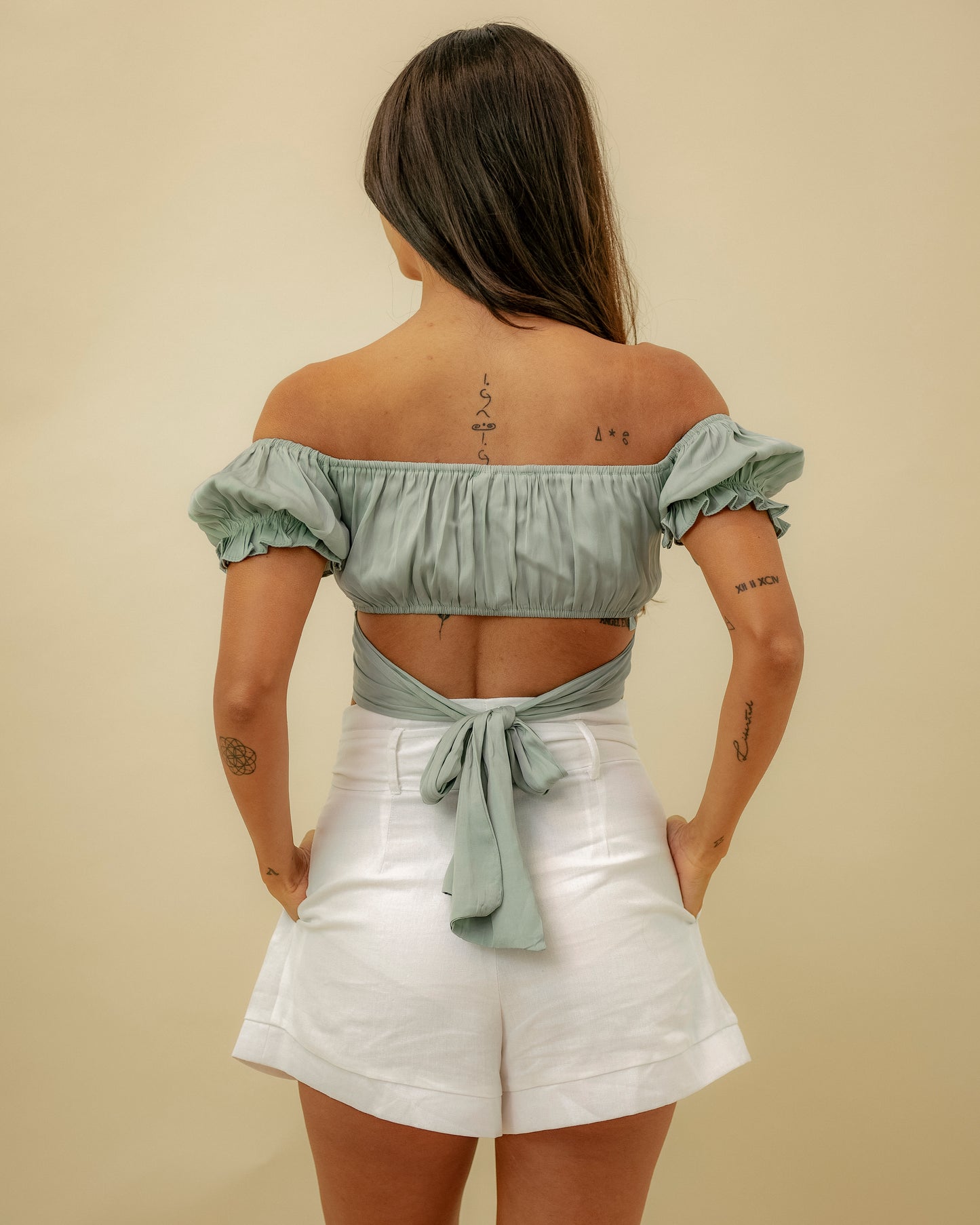 Elegant Off Shoulder Pistachio Tie-Up Ruffle Crop Top