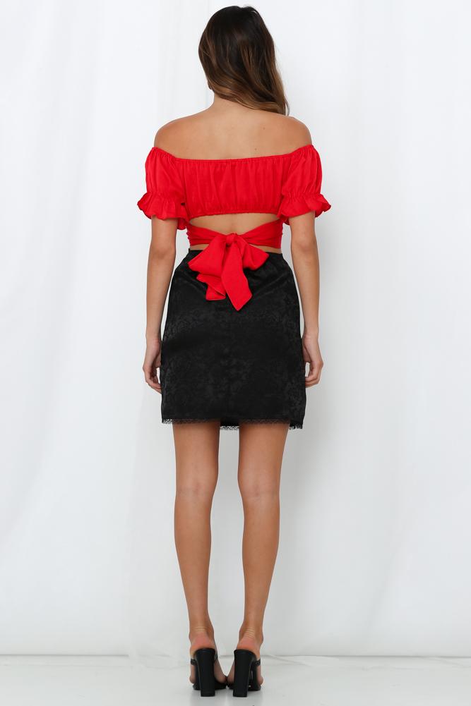 Elegant Off Shoulder Red Satin Tie-Up Ruffle Crop Top