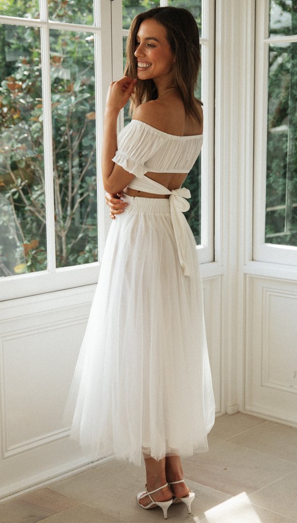 Elegant High Waisted White Mesh Ruffle Maxi Skirt