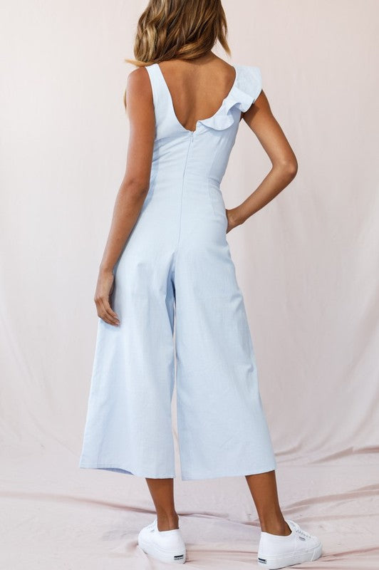 Elegant Summer Steel Blue V-Neck Ruffle Crop Wide Leg Jumpsuit