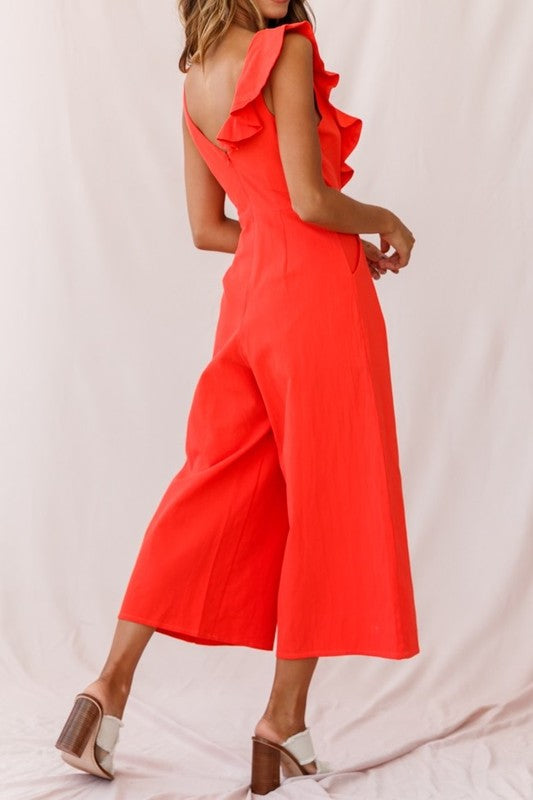 Elegant Summer Tangerine V-Neck Ruffle Crop Wide Leg Jumpsuit