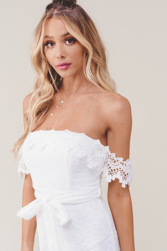 Elegant Off Shoulder White Lace Tie-Up Ruffle Maxi Dress