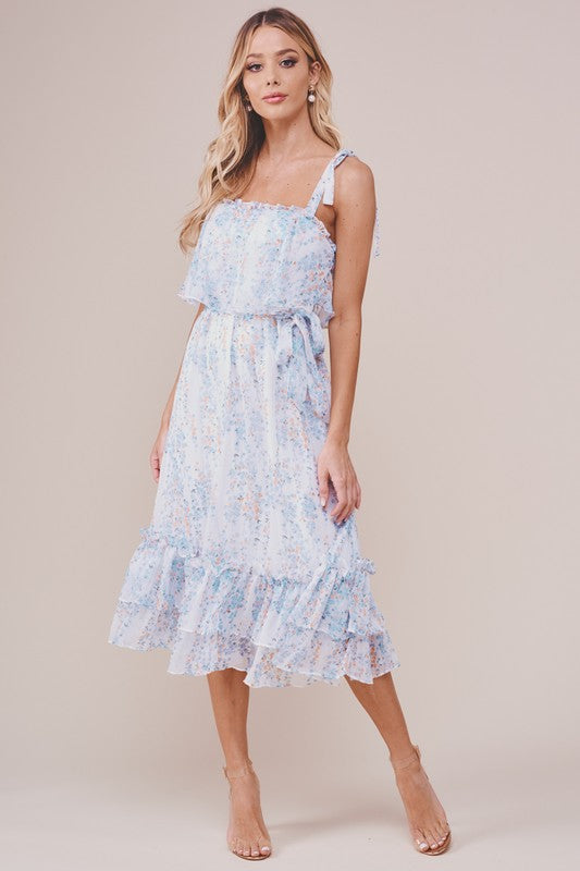 Fashion Summer Strap Multi-Color Floral Print Ruffle Tie-Up White Dress