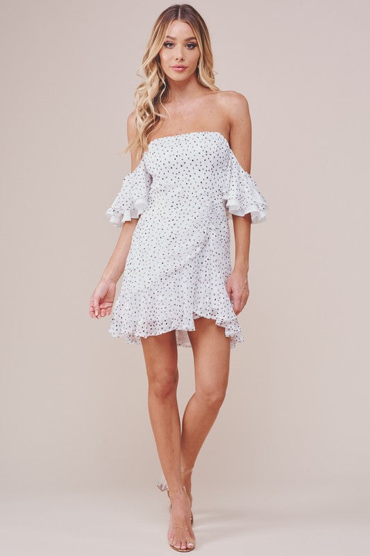Elegant Off Shoulder White Multi-Color Polka Dot Print Satin Ruffle Dress